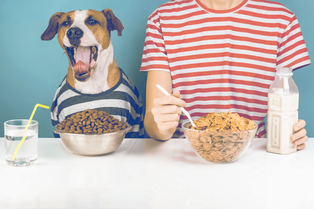 persona comiendo junto con su mascota